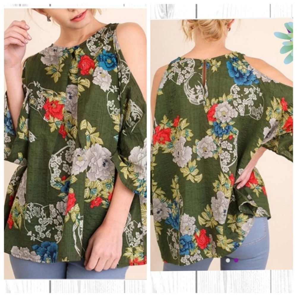 Umgee Moss Green Floral Cold Shoulder Top